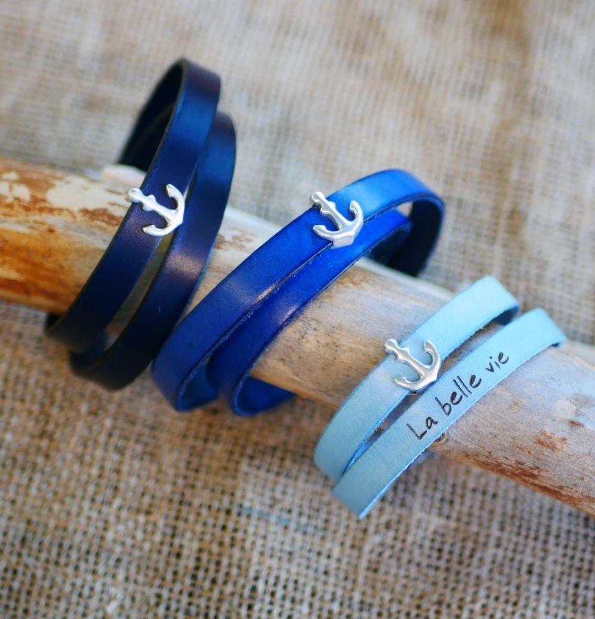 Läderarmband med dubbelt armband, marinblå ankardekoration, anpassningsbart 