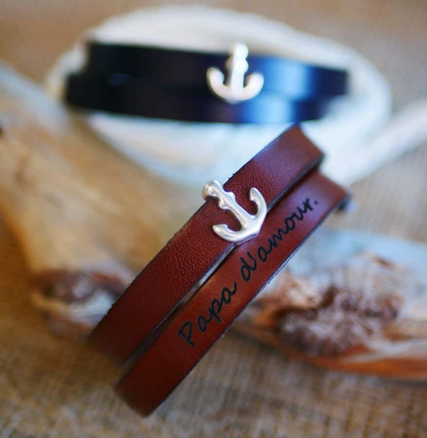 Läderarmband med dubbelt armband, marinblå ankardekoration, anpassningsbart 