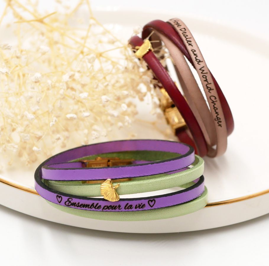 Zen läderarmband i två olika färger, anpassningsbart med gyllene ginkgo 