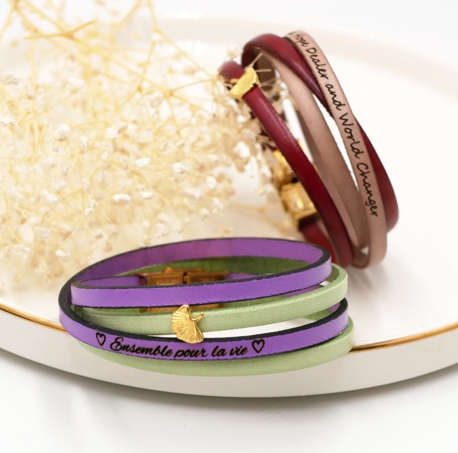 Zen läderarmband i två olika färger, anpassningsbart med gyllene ginkgo 