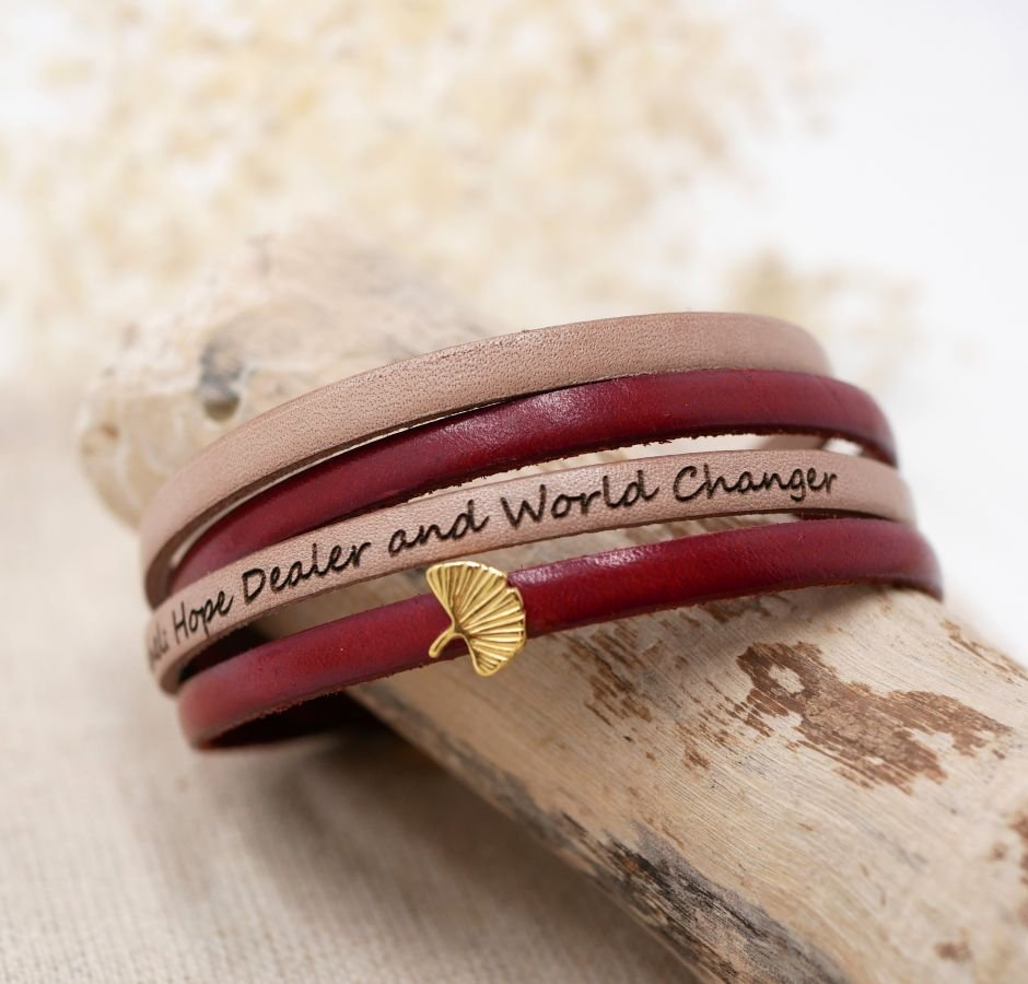 Zen läderarmband i två olika färger, anpassningsbart med gyllene ginkgo 