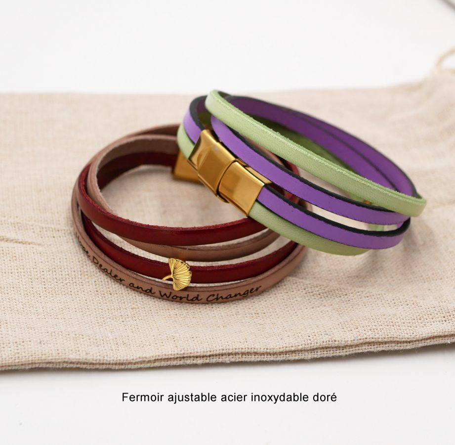 Zen läderarmband i två olika färger, anpassningsbart med gyllene ginkgo 