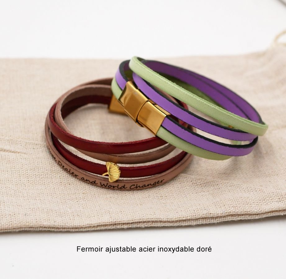Zen läderarmband i två olika färger, anpassningsbart med gyllene ginkgo 