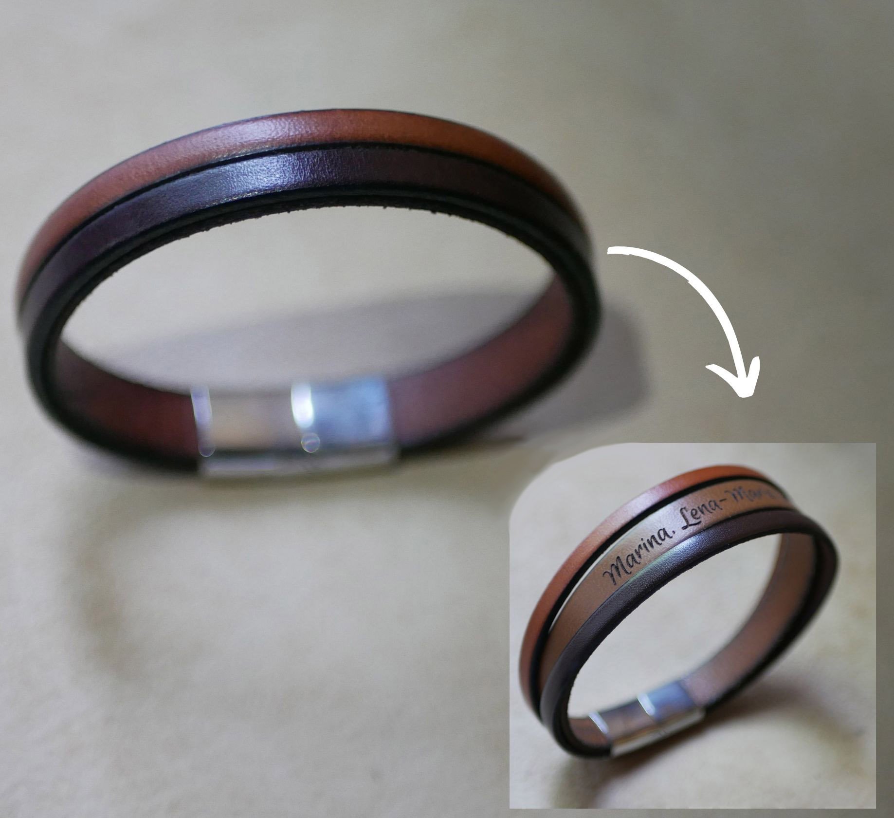 Tvåfärgat läderarmband för män med dolt graverat meddelande