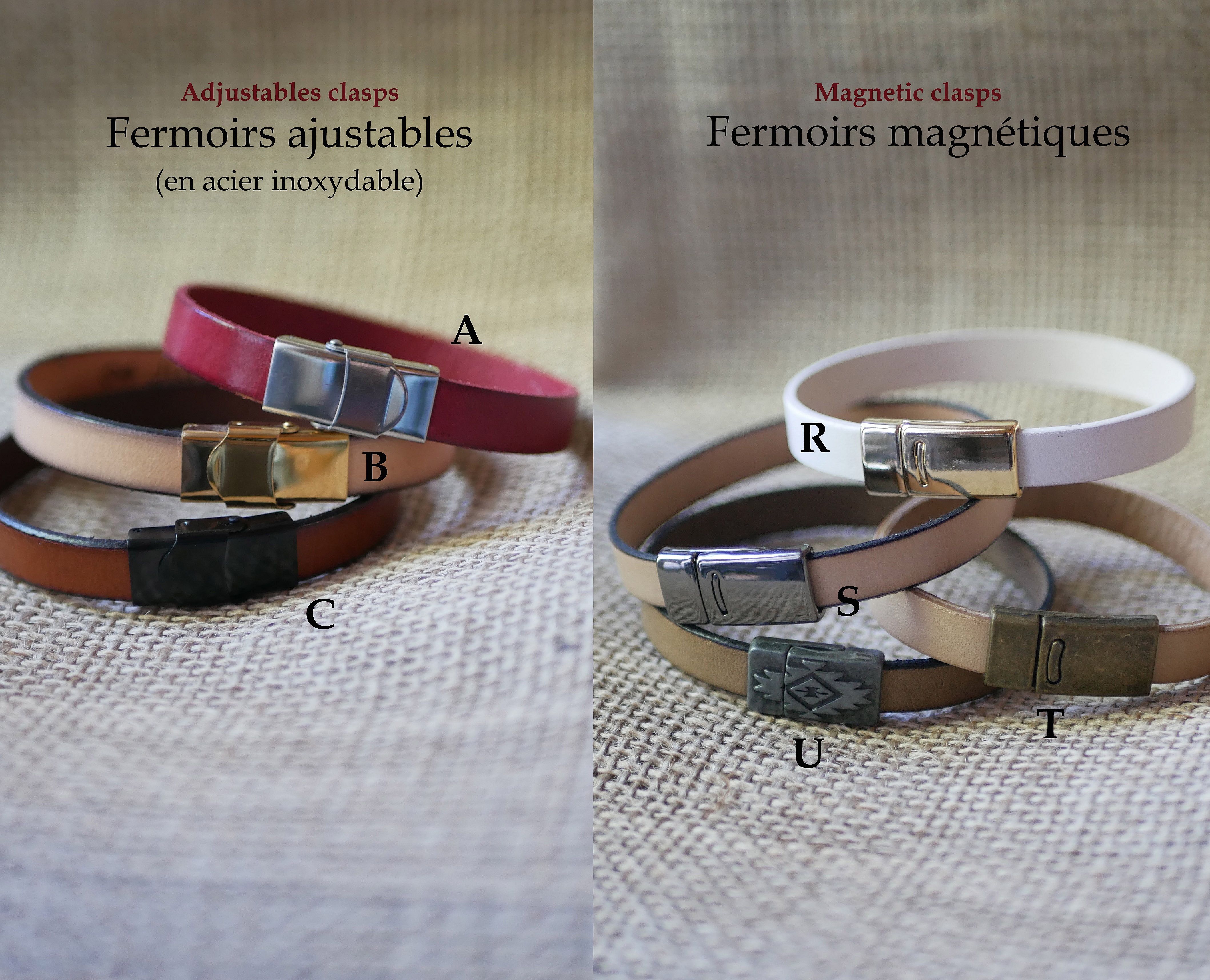 Bracelets en cuir personnalisables avec fermoirs ajustables ou magnétiques.