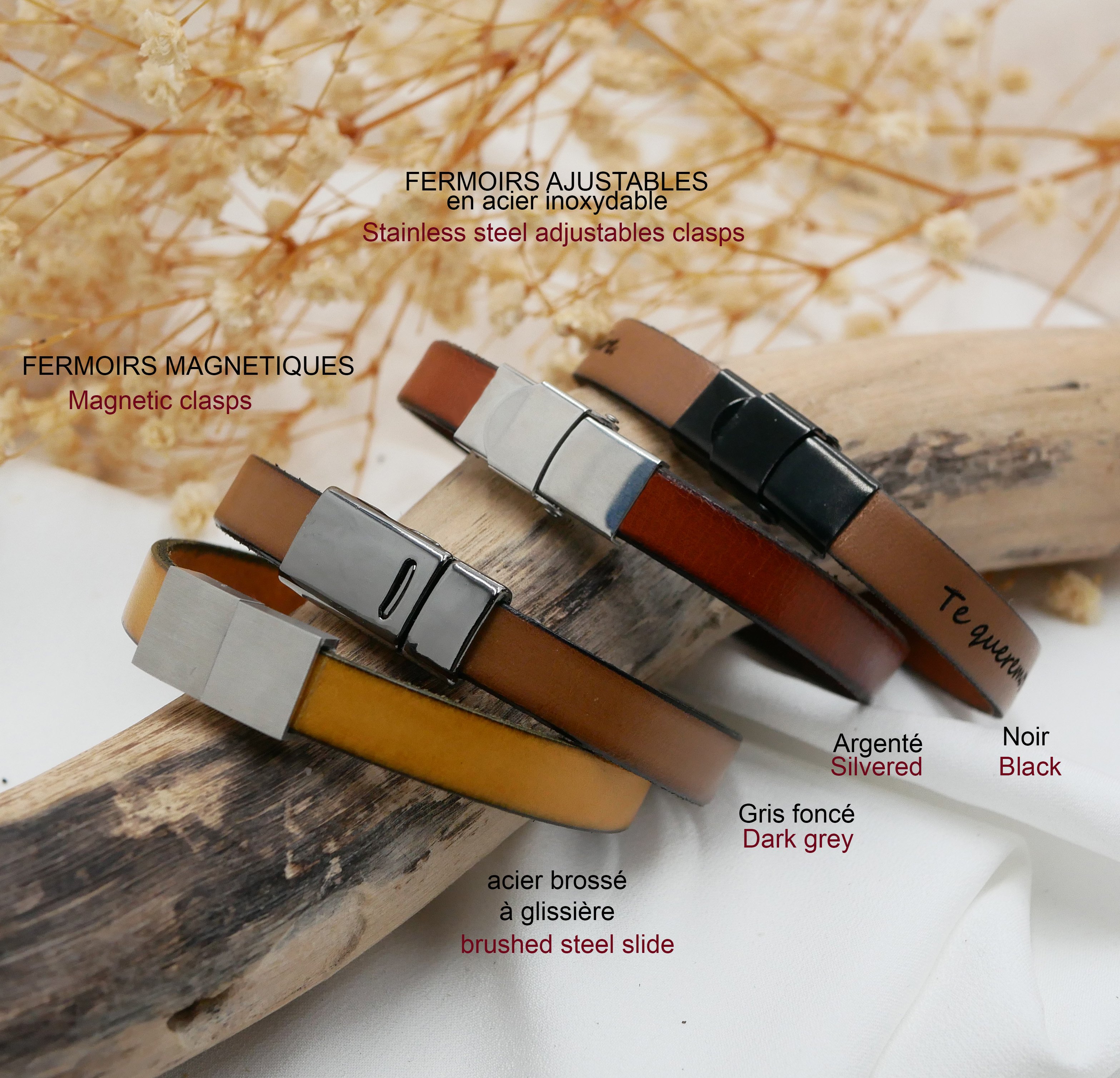 Läderarmband med ram i rostfritt stål graverad med ett förnamn eller ett ord 