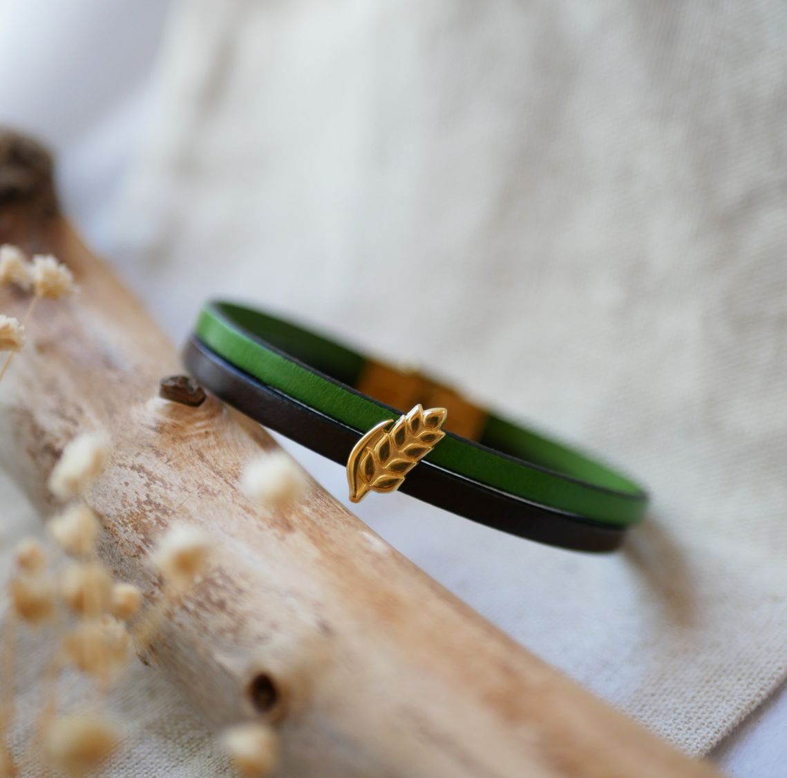 Läder duo armband och gyllene vete öronslinga, anpassningsbar, bröllopspresent för kvinnor