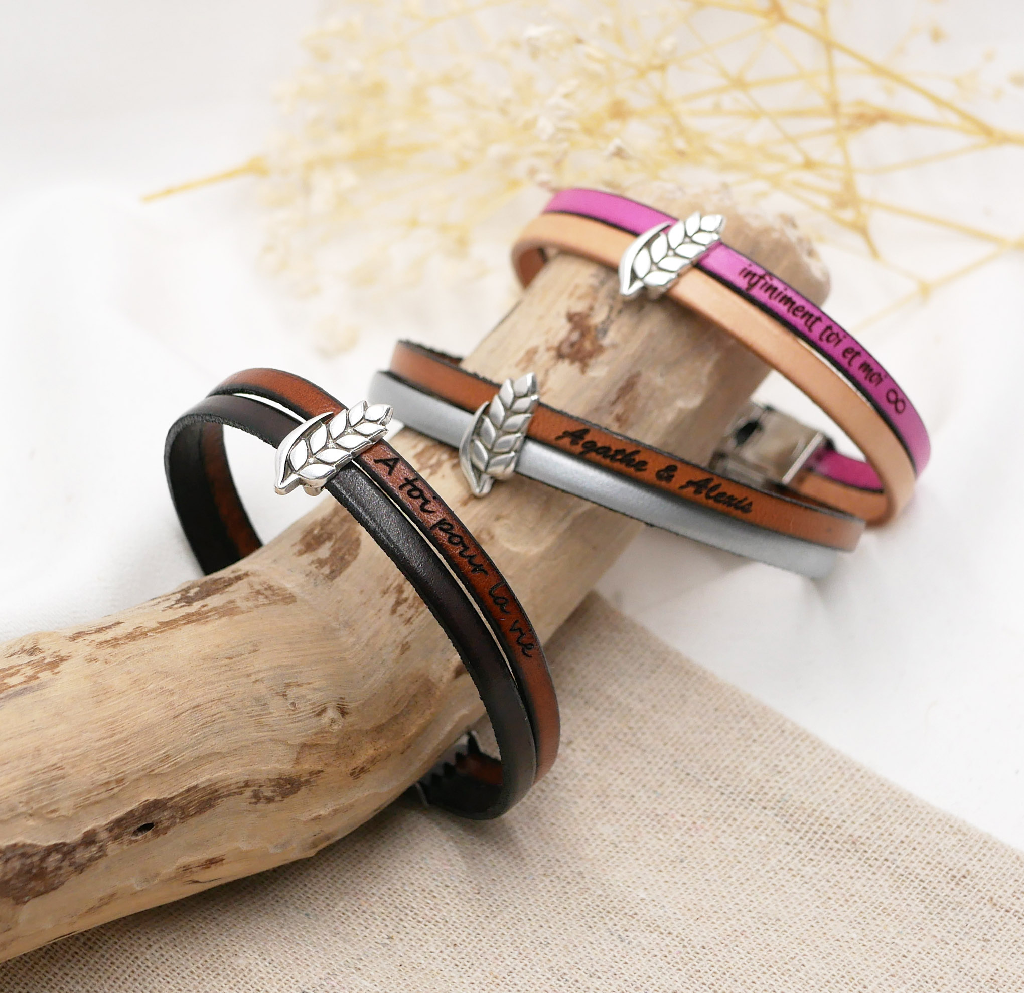 Läder duo armband och anpassningsbar vete öronslinga, man och kvinna vete bröllop