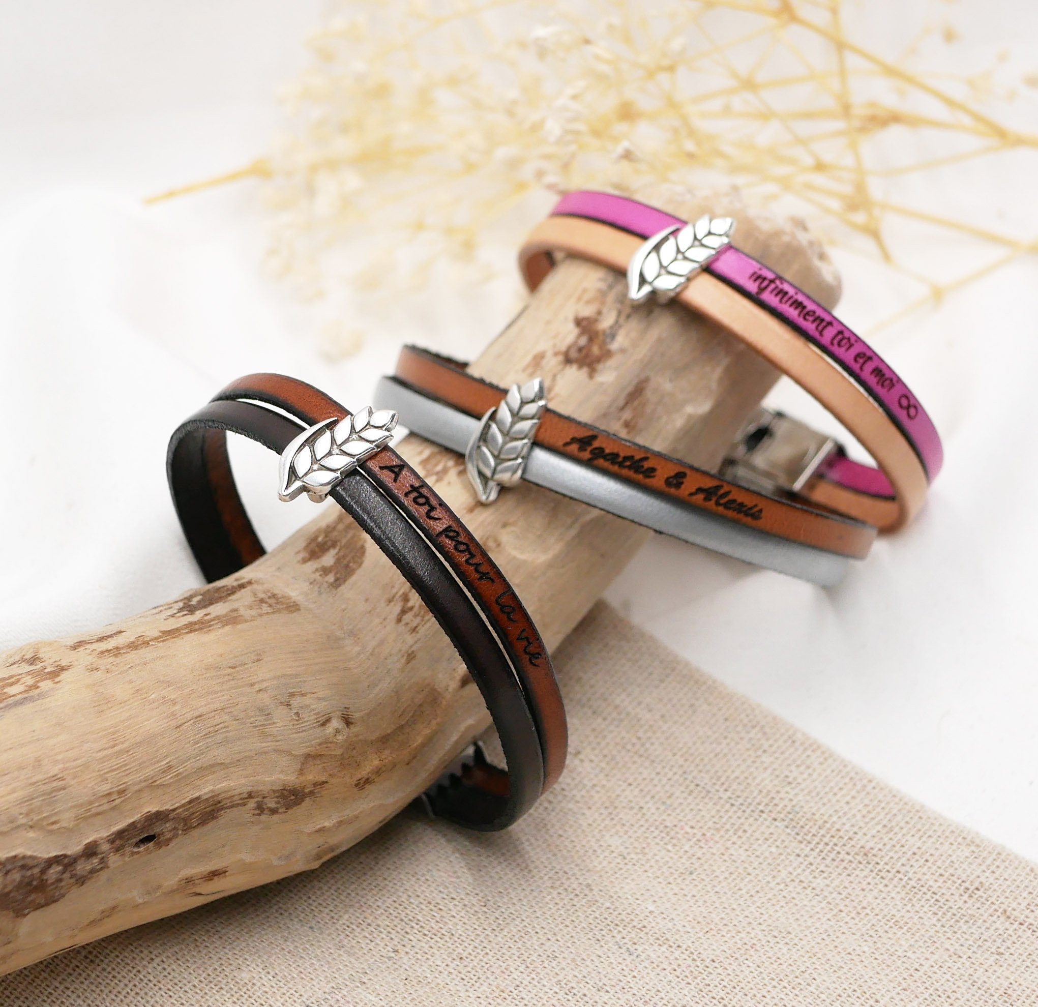 Läder duo armband och anpassningsbar vete öronslinga, man och kvinna vete bröllop