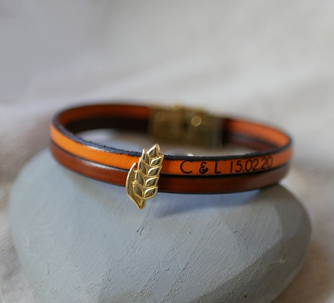 L&auml;der duo armband och gyllene vete &ouml;ronslinga, anpassningsbar, br&ouml;llopspresent f&ouml;r kvinnor