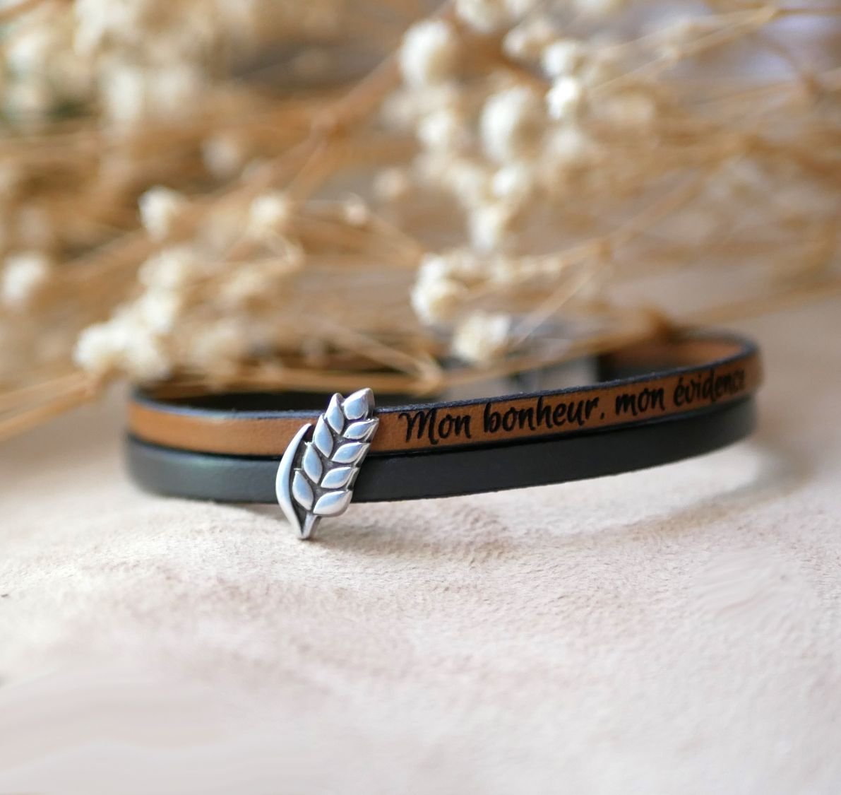 Läder duo armband och anpassningsbar vete öronslinga, man och kvinna vete bröllop