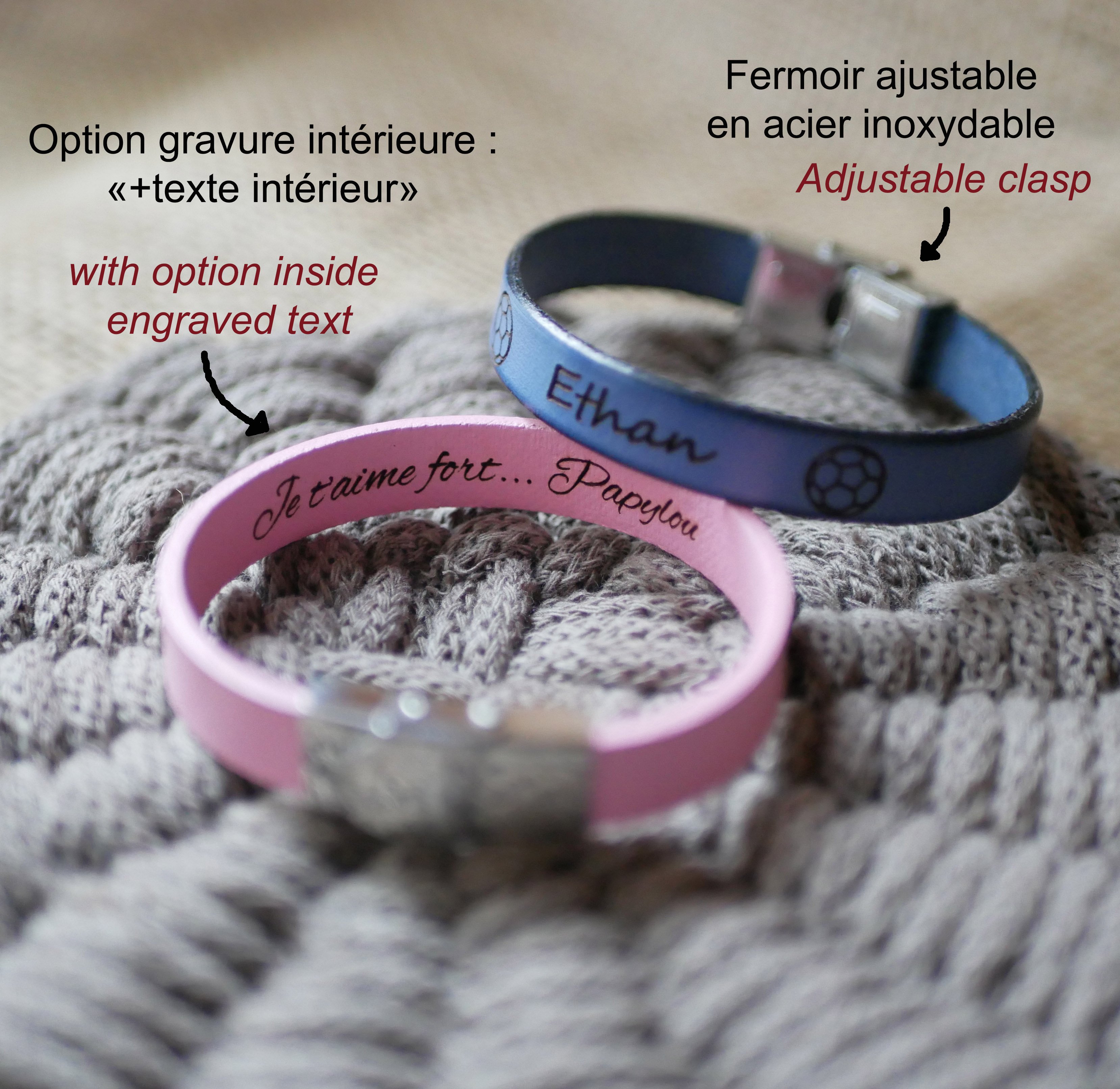 Personligt läderarmband för barn med ingraverat förnamn inramat av valfria teckningar
