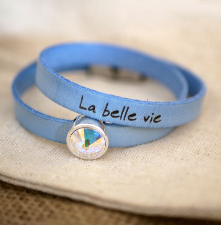 Läderarmband kvinna dubbla vändningar för att vara personlig dekorerad med en Swarovski kristall cabochon 