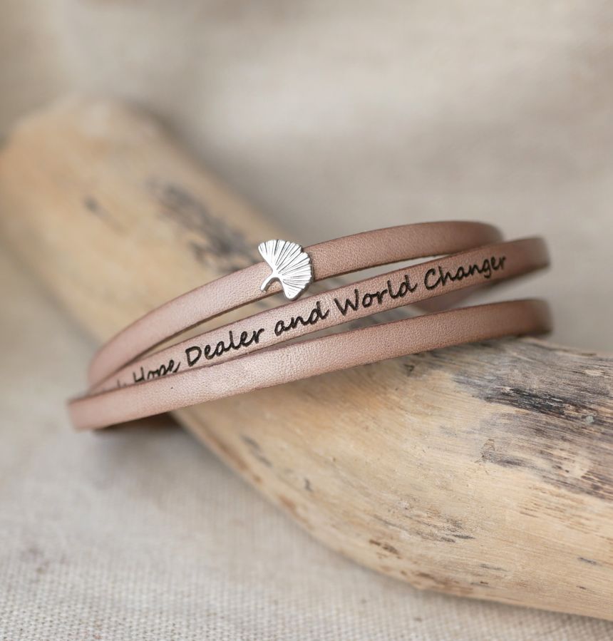 Läderarmband kvinna multi-tours Ginkgo blad silver personlig 