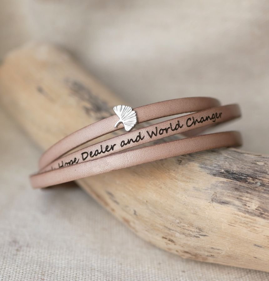 Läderarmband kvinna multi-tours Ginkgo blad silver personlig 