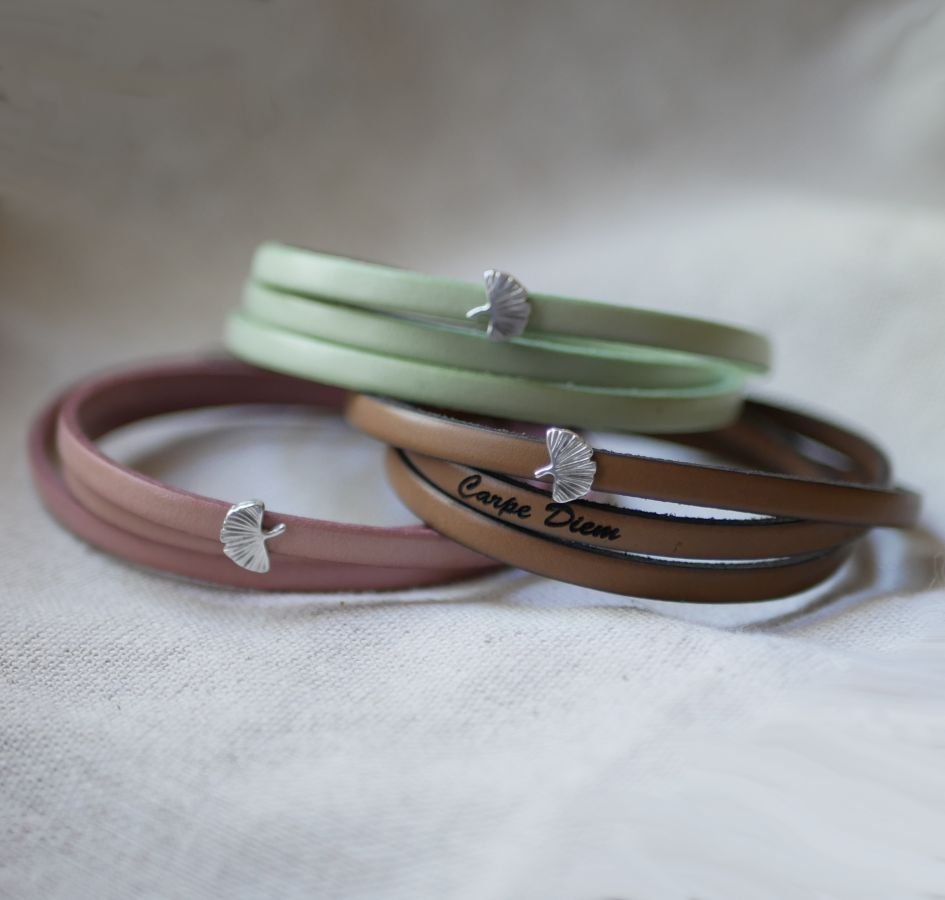 Läderarmband kvinna multi-tours Ginkgo blad silver personlig 