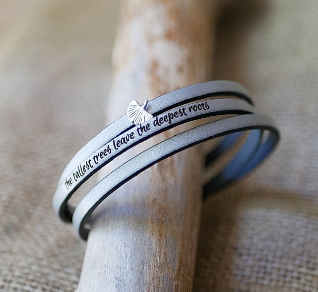 L&auml;derarmband kvinna multi-tours Ginkgo blad silver personlig 