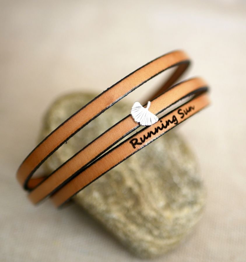 Läderarmband kvinna multi-tours Ginkgo blad silver personlig 