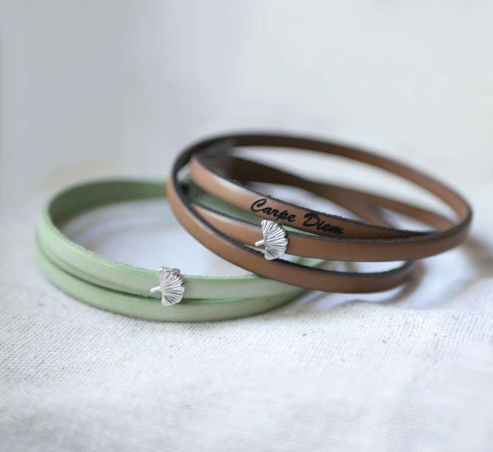 Läderarmband kvinna multi-tours Ginkgo blad silver personlig 