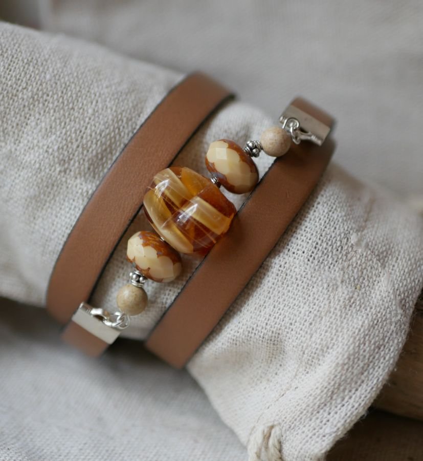 Kvinnoarmband Läder och lampworkpärlor trippelvarv för att anpassa det till dina behov 