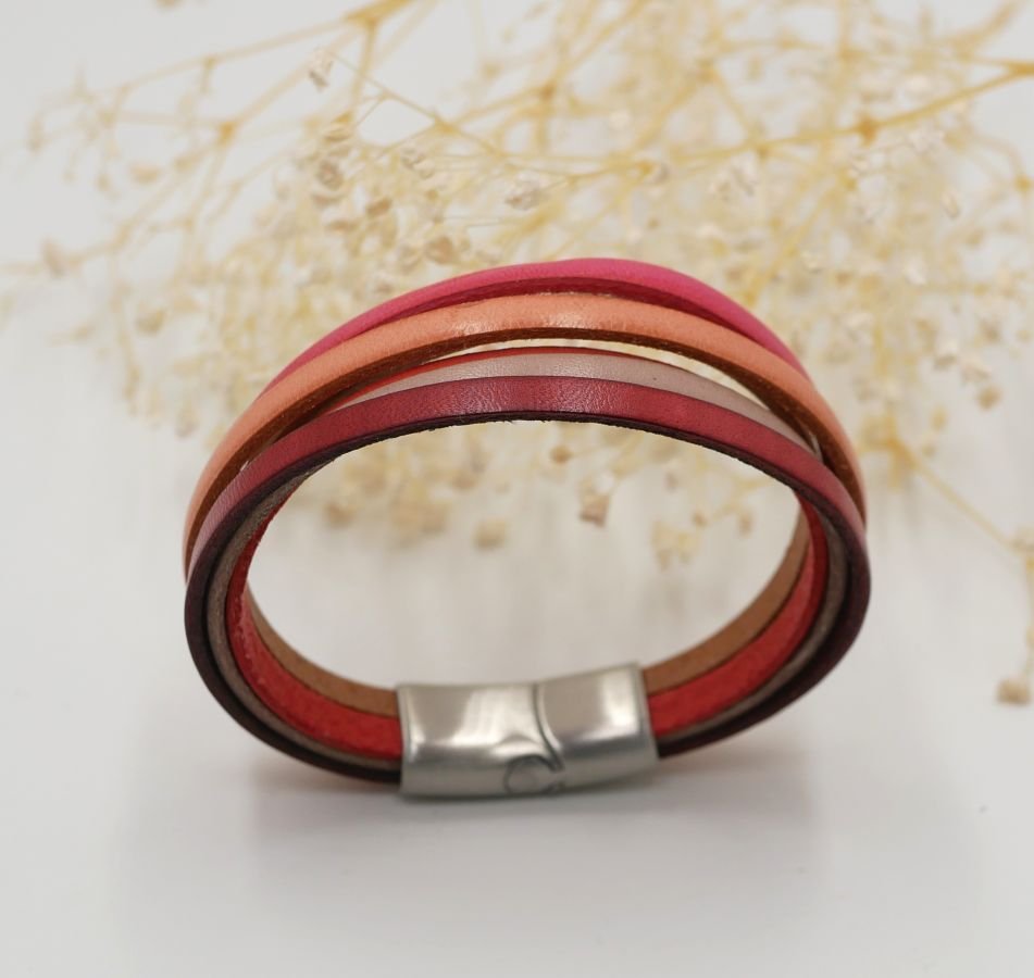 Kvinnors armband i multi-läder med manschett Röd, Persika, Korall, Beige