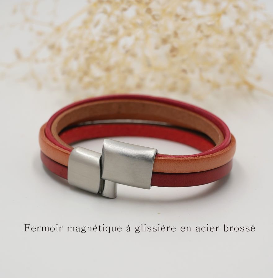 Kvinnors armband i multi-läder med manschett Röd, Persika, Korall, Beige