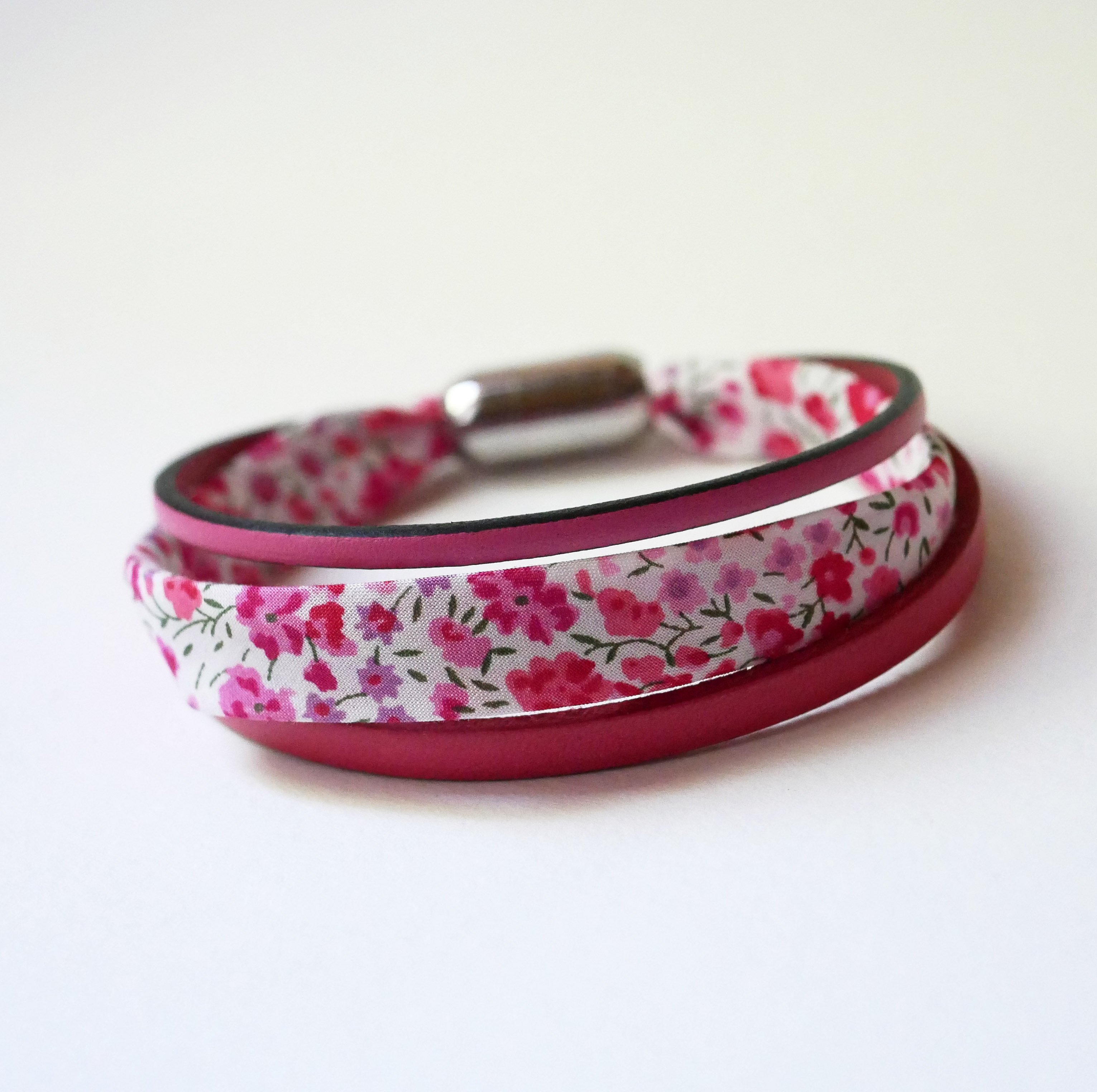 Damarmband trio läder &amp; liberty rosa blommor 