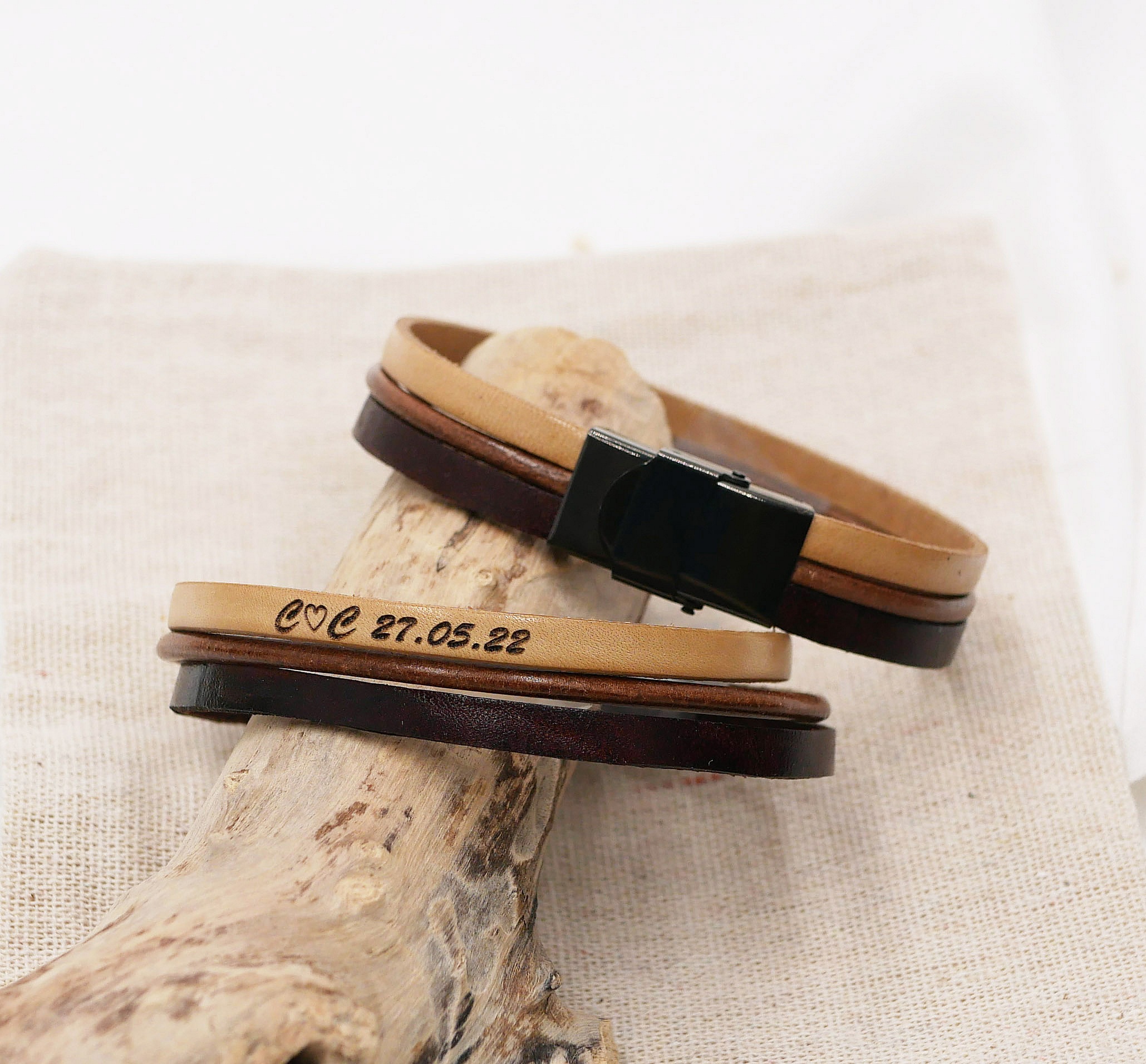 Vintage brunt l&auml;derarmband med manschett f&ouml;r m&auml;n, kan anpassas genom gravyr 