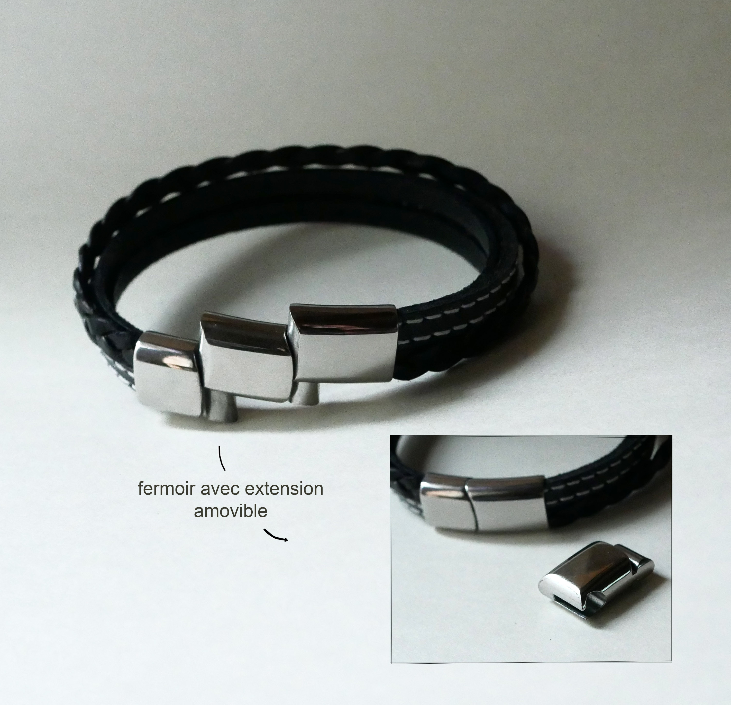 Manschettarmband i svart multiläder för män