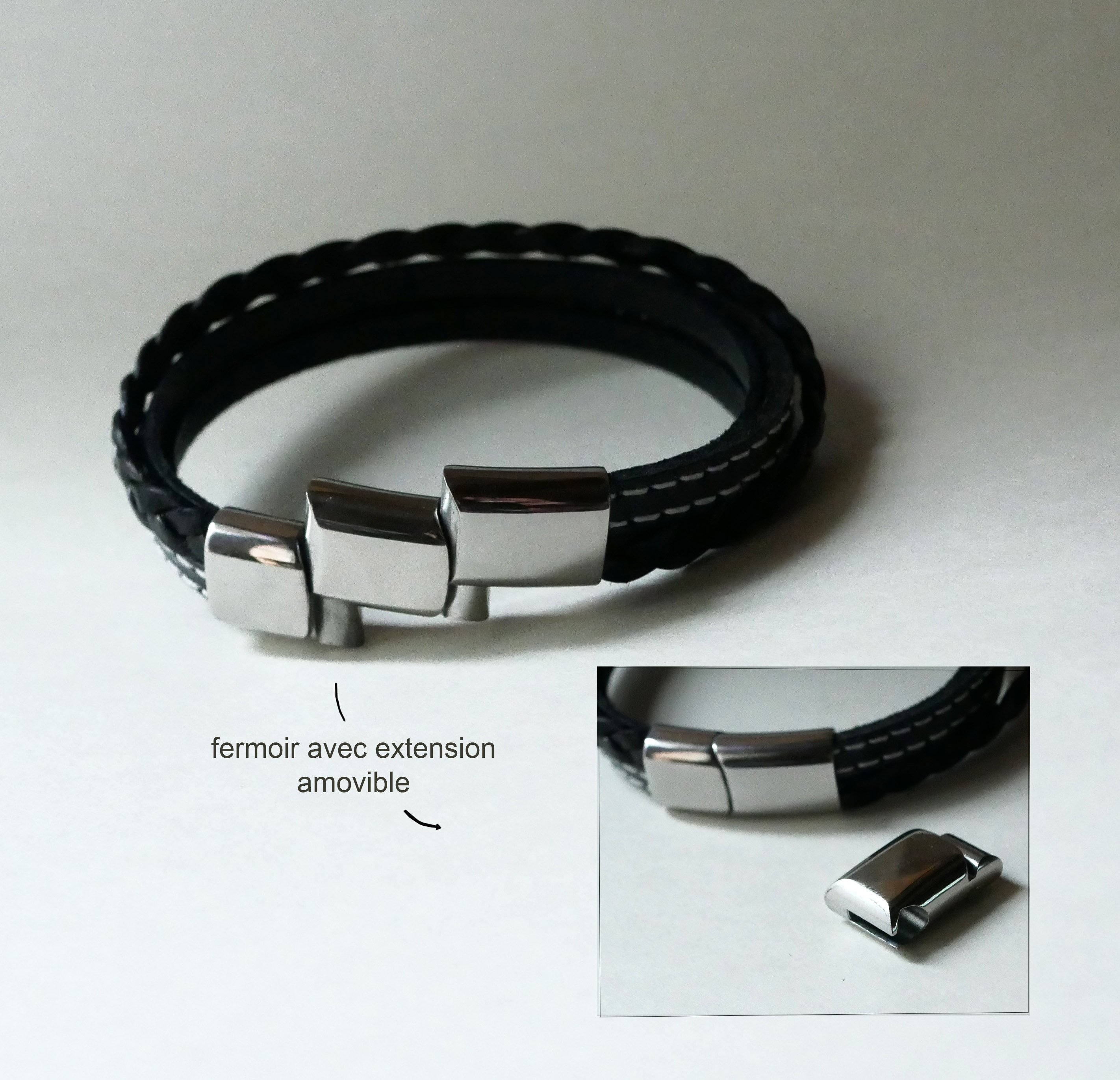 Manschettarmband i svart multiläder för män