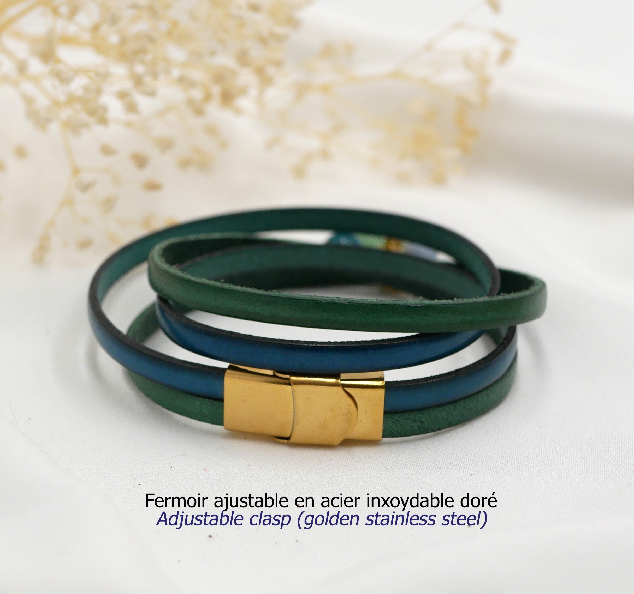 Läderarmband med oändlighetssymbol och cabochon av livets träd i guld för personlig anpassning  