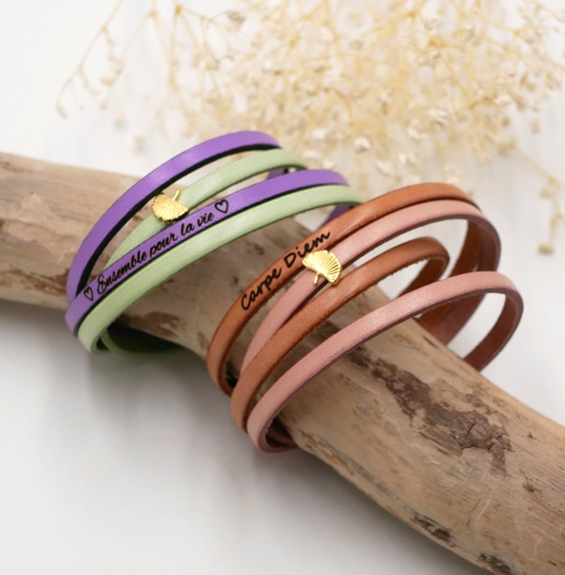 Zen läderarmband i två olika färger, anpassningsbart med gyllene ginkgo 