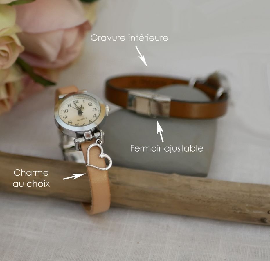 Silverklocka med charm och läderband med justerbart lås