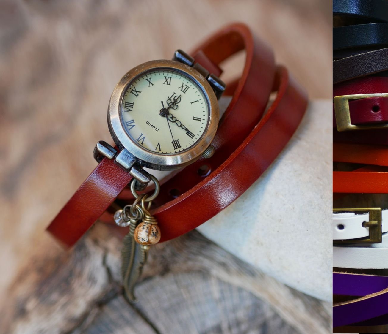 Läderarmband klocka med fjäder- och pärlberlock