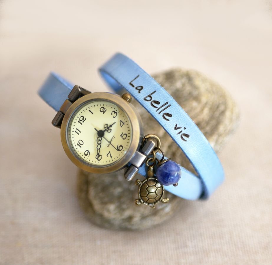 Läderarmband klocka 2 eller 3 rundor med pärla och hänge