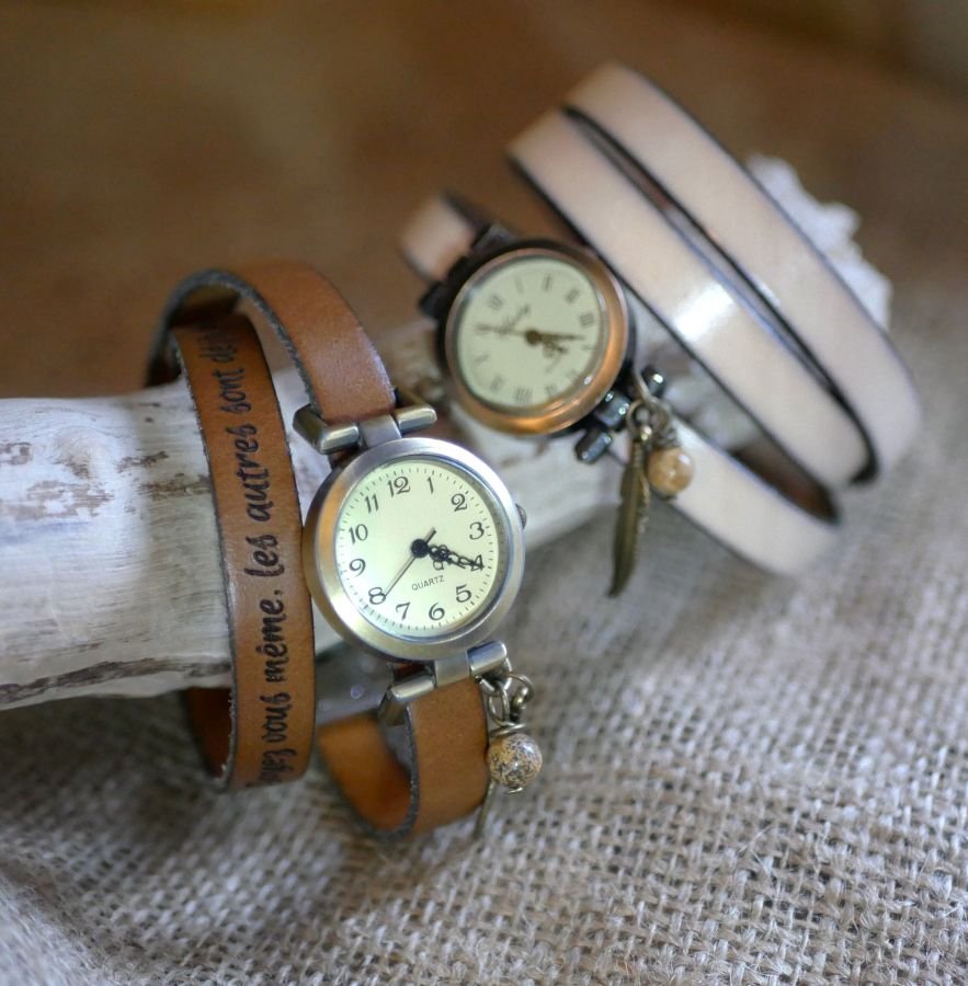 Läderarmband klocka 2 eller 3 rundor med pärla och hänge