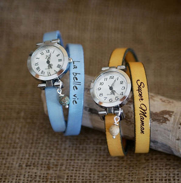 L&auml;derarmband klocka 2 v&auml;ndor anpassningsbar med silverf&auml;rgad urtavla