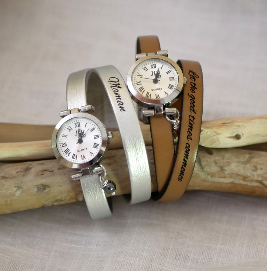 Läderarmband klocka 2 vändor anpassningsbar med silverfärgad urtavla
