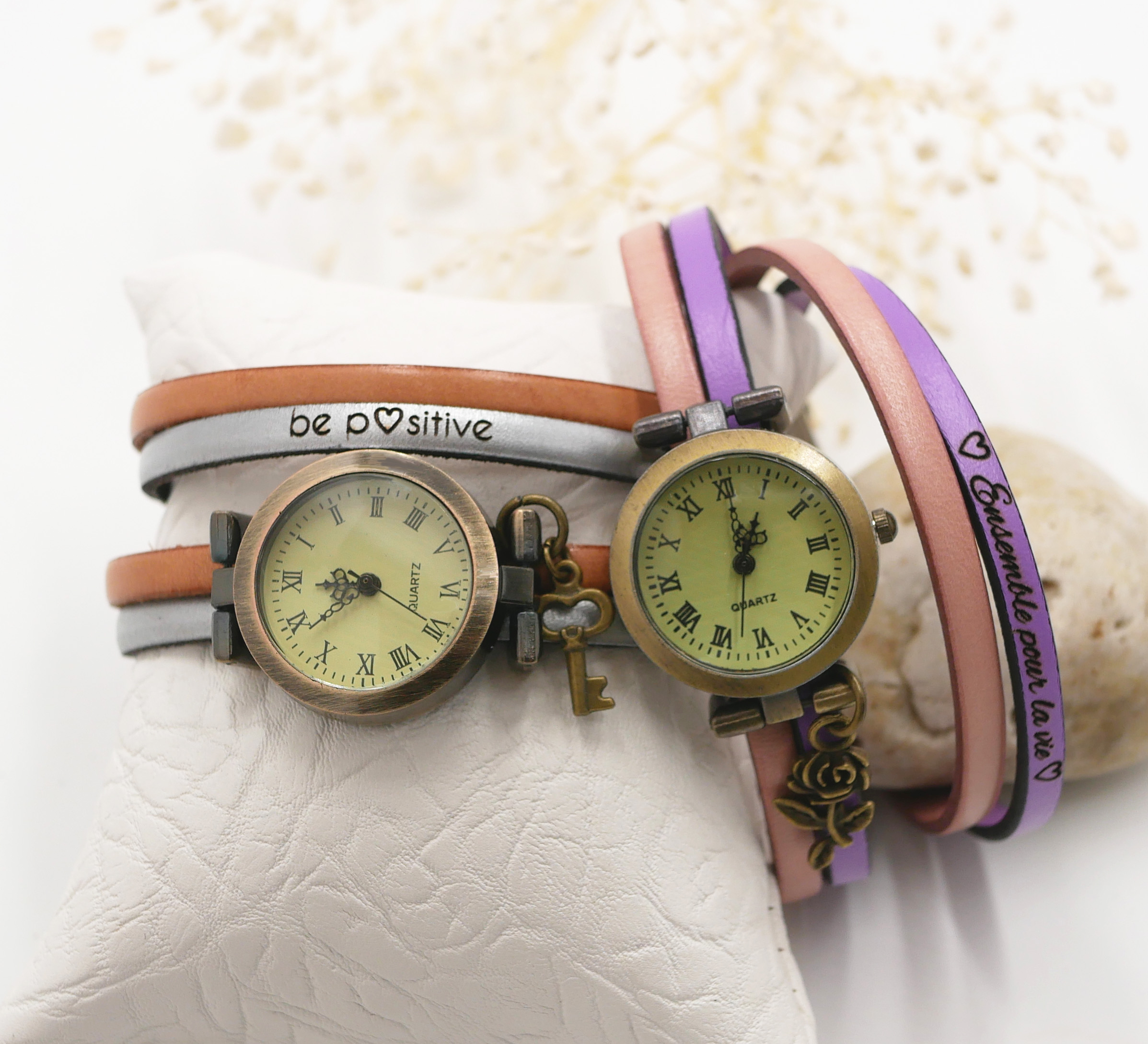 Anpassningsbar dubbel tur läder armbandsur duo av färger