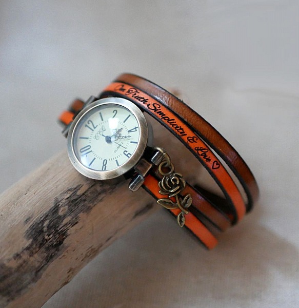 Montre personnalisable cadran bronze aux chiffres arabes sur bracelet duo de cuirs 2 tours 