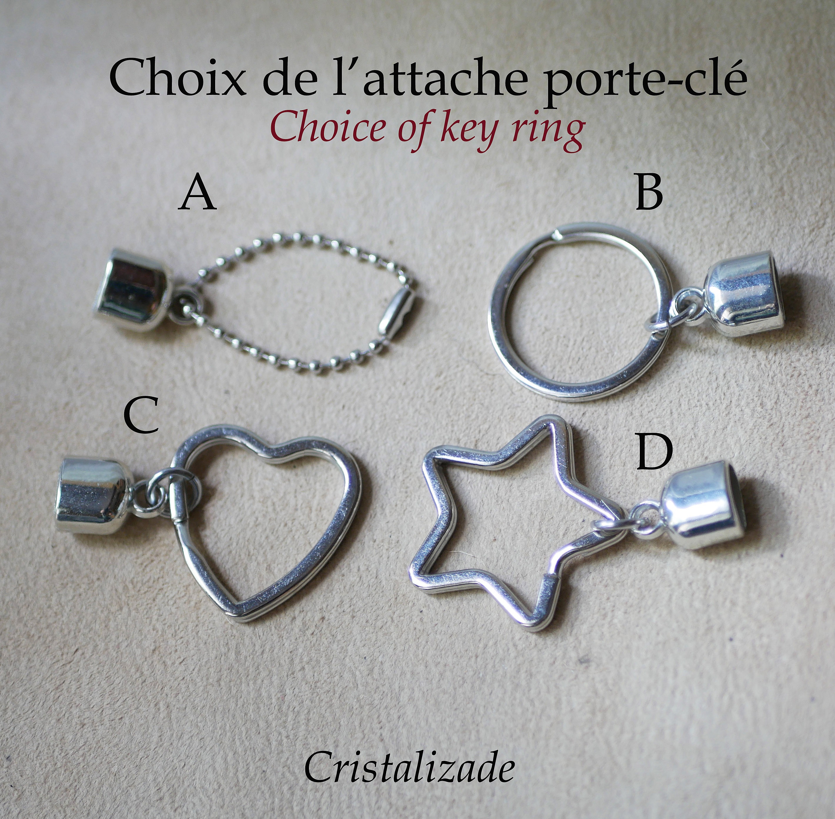 Choix d'attaches métalliques pour porte-clés personnalisés.