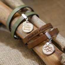 Skräddarsytt dubbelt läderarmband med träcabochon för gravyr