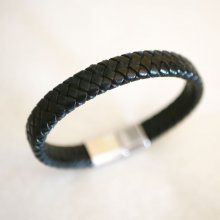 Flätat svart läderarmband för män med magnetiskt stålspänne och glidlås