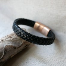 Svart läderarmband med magnetiskt lås i Rose Gold stål