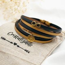 Läderarmband med oändlighetssymbol och cabochon av livets träd i guld för personlig anpassning  