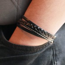 Manschettarmband i svart multiläder för män