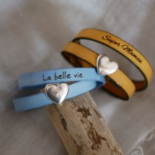 Dubbel läderarmband med silverhjärta, dina ord kan graveras