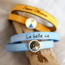 Läderarmband kvinna dubbla vändningar för att vara personlig dekorerad med en Swarovski kristall cabochon 